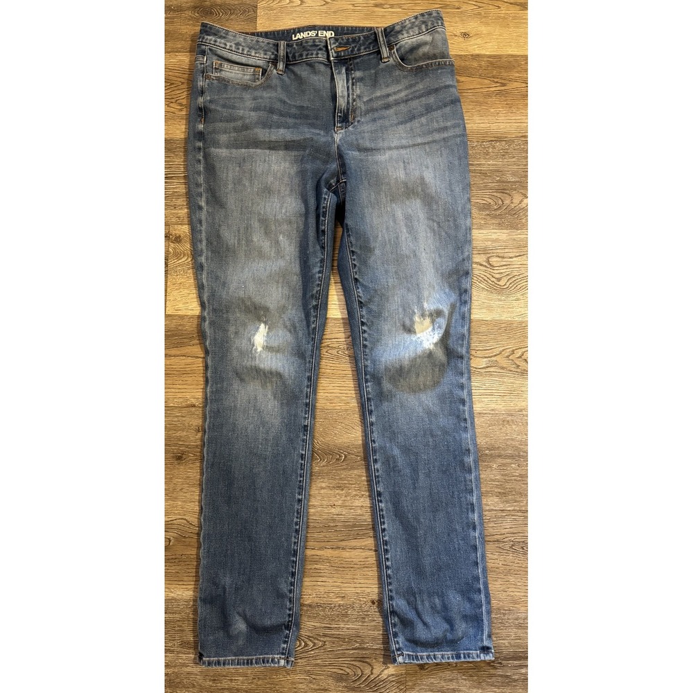 Lands End Jeans Womens 12 Blue Mid Rise Slim Distressed Denim Pants 14/16 44